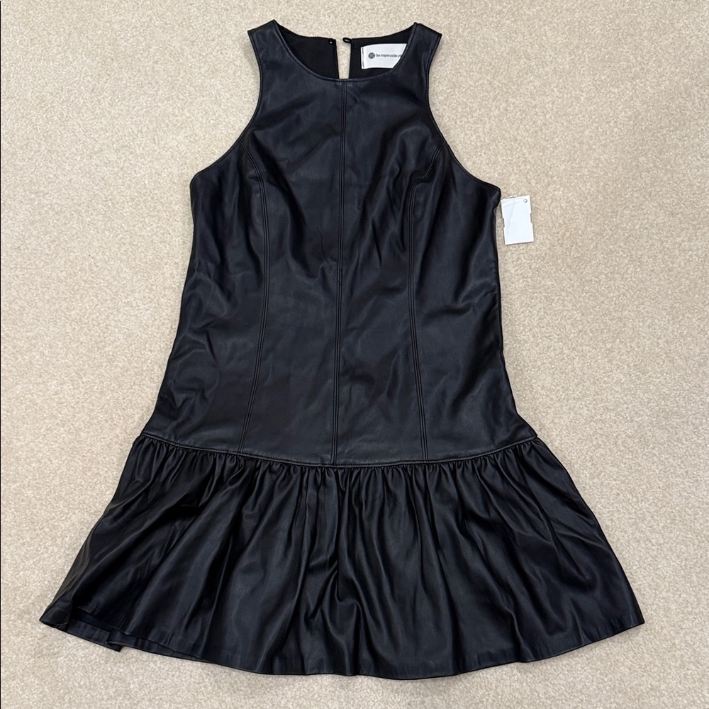 Black Leather-Like Sleeveless Dress with Ruffled Hem
